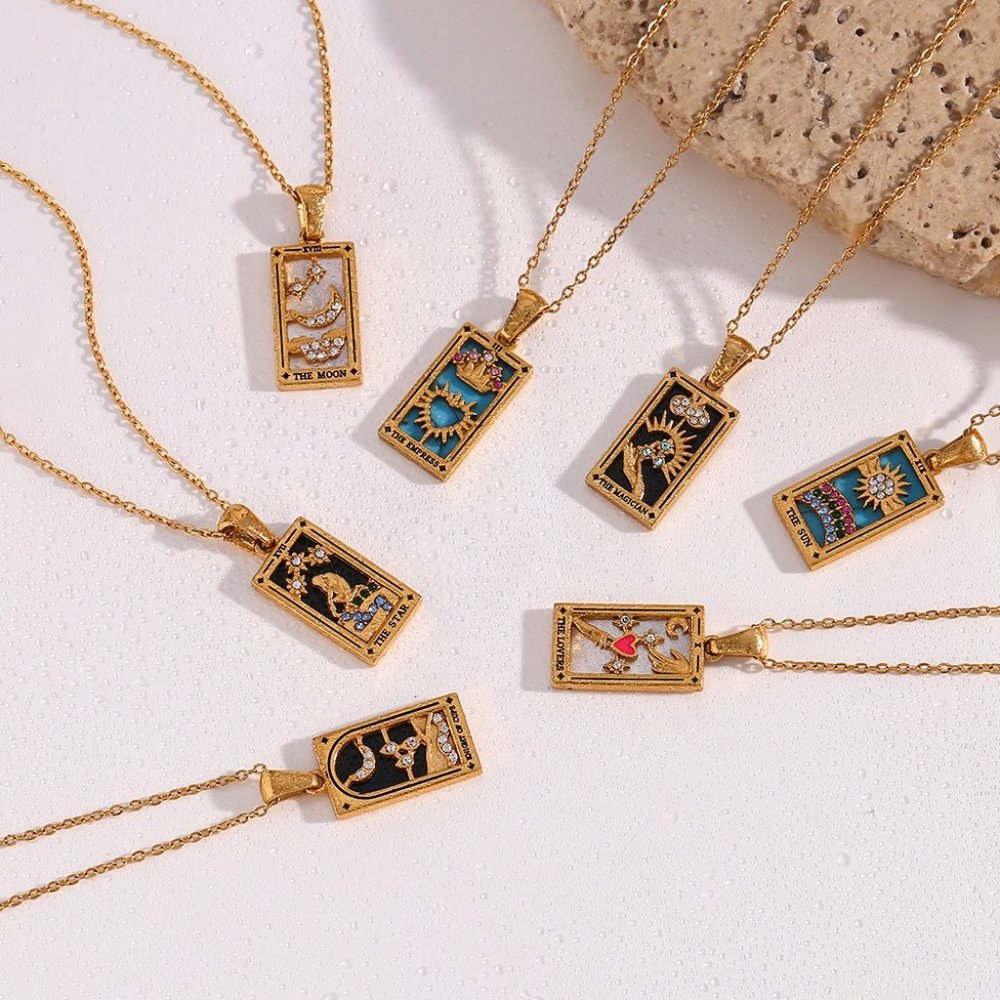 Star Tarot Card Pendant Necklace PVD 18K Gold Enamel Rectangle Stainless Steel - Picture 5 of 8